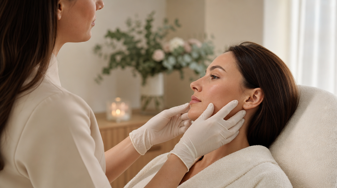 A clinician gently checks a patient's jawline after treatment in a warm, calm CoLaz treatment room
