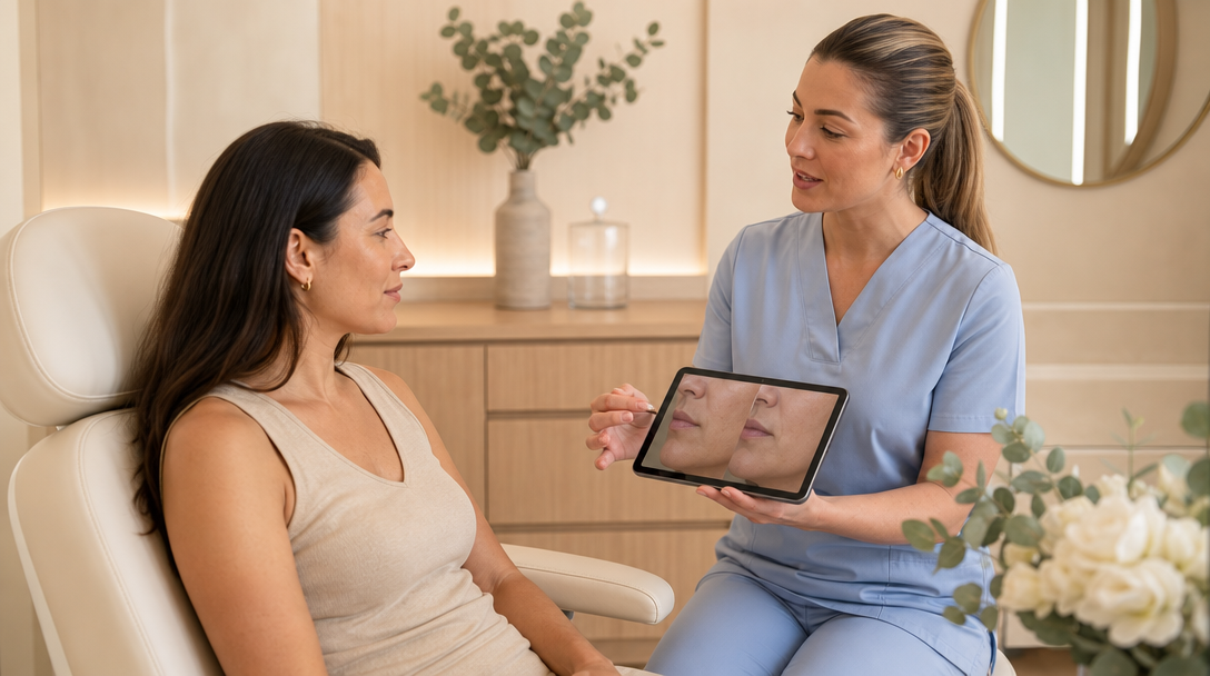 A clinician discussing professional hair-removal options with a patient