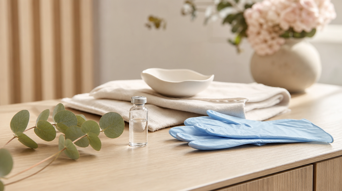 Editorial still life of a small treatment vial, sterile gloves and a cream cloth arranged on a warm wood surface