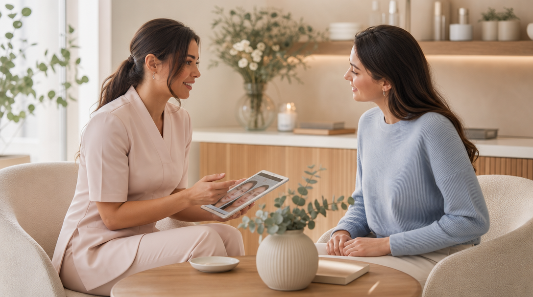A CoLaz clinician and a patient reviewing a treatment plan for Hydrafacial and laser hair removal in a calm consultation room