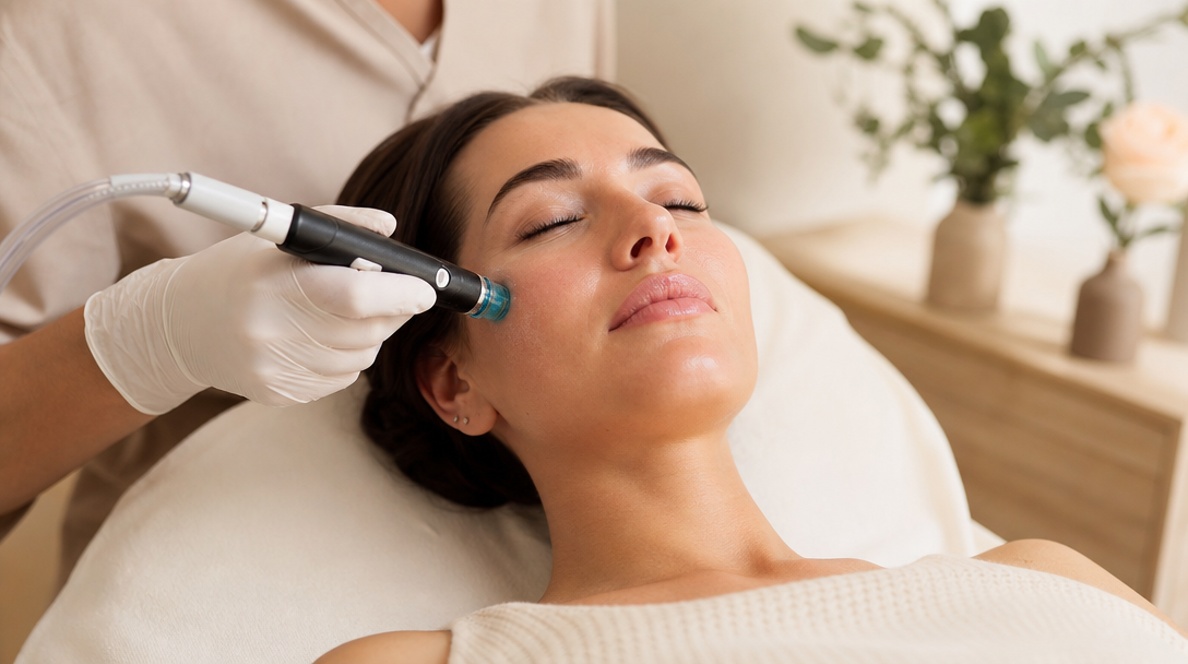 A Hydrafacial handpiece gliding over a relaxed patient's cheek during treatment