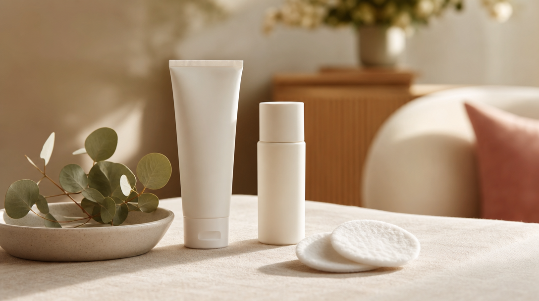 Editorial still life on a cream linen surface: a plain fragrance-free moisturiser tube, a bottle of sunscreen, cotton pads and a sprig of eucalyptus