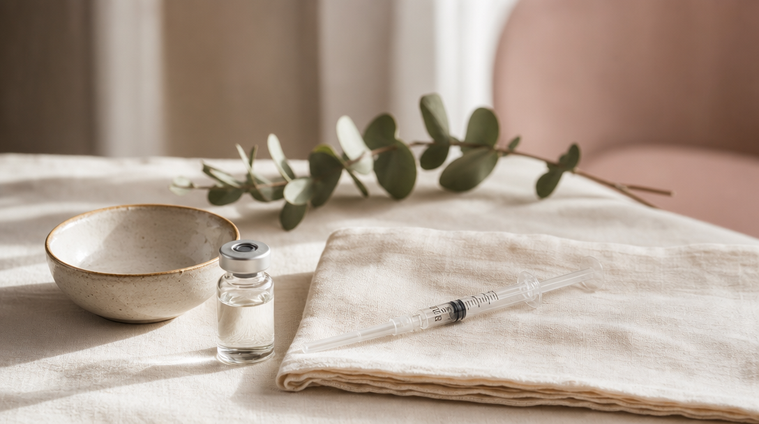 A clinician's gloved hands rest a small labelled B12 vial and syringe on a cream tray beside a folded towel