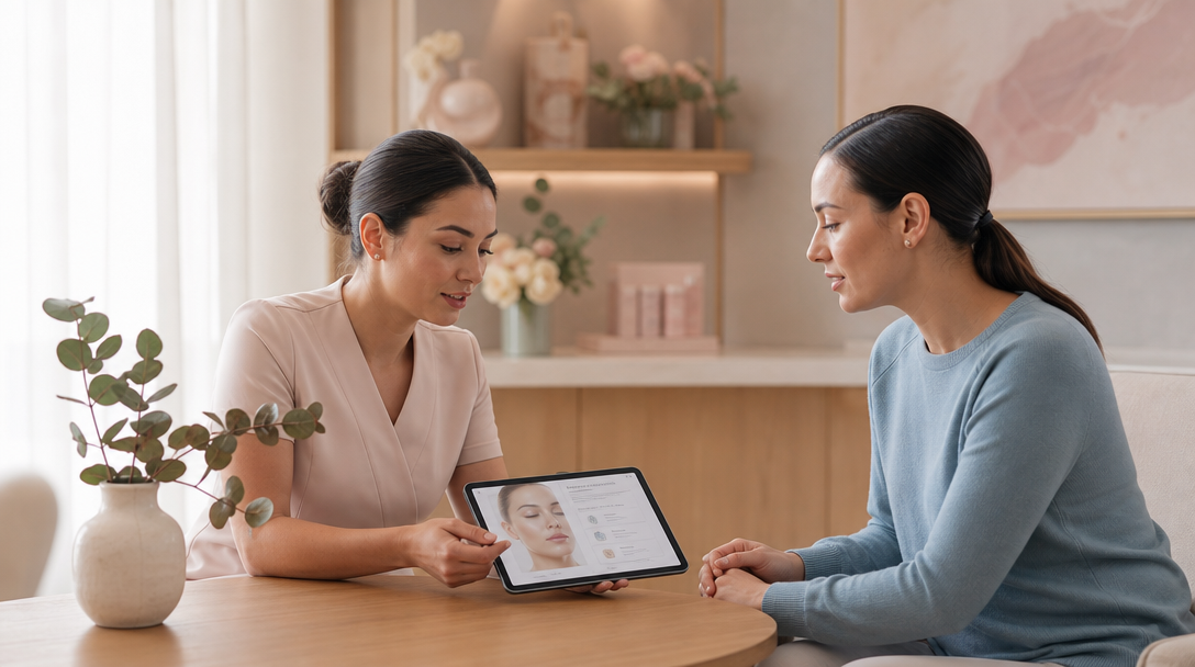 A CoLaz clinician talks a patient through an IPL skin rejuvenation recovery plan at a calm, softly lit consultation desk