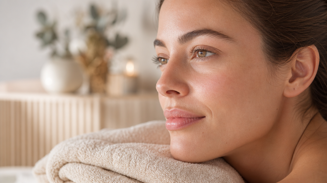 A close-up of an even-toned cheek resting on a soft cream towel, showing calm skin after a course of light-based treatment