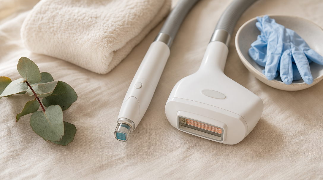 A slim laser handpiece and a broader IPL applicator resting side by side on cream linen with eucalyptus