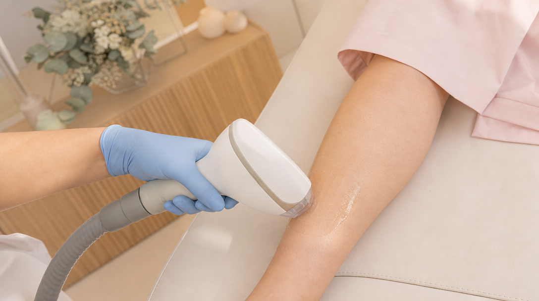 A gloved hand guiding a cooling-tip laser handpiece along a patient's lower leg on a cream treatment bed