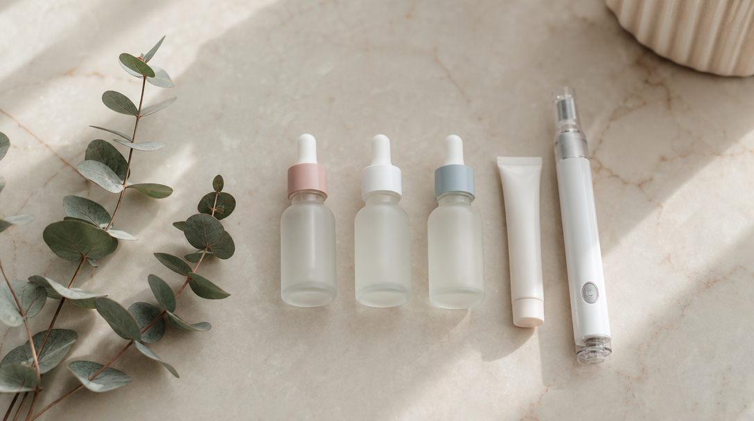Retinoid, vitamin C and azelaic acid beside a dermapen device