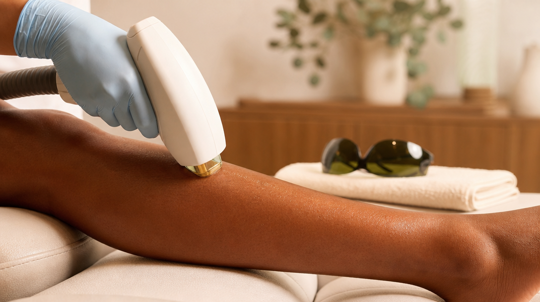 A clinician's gloved hand guides a chilled-tip laser handpiece over the calf of a patient with deep-brown skin