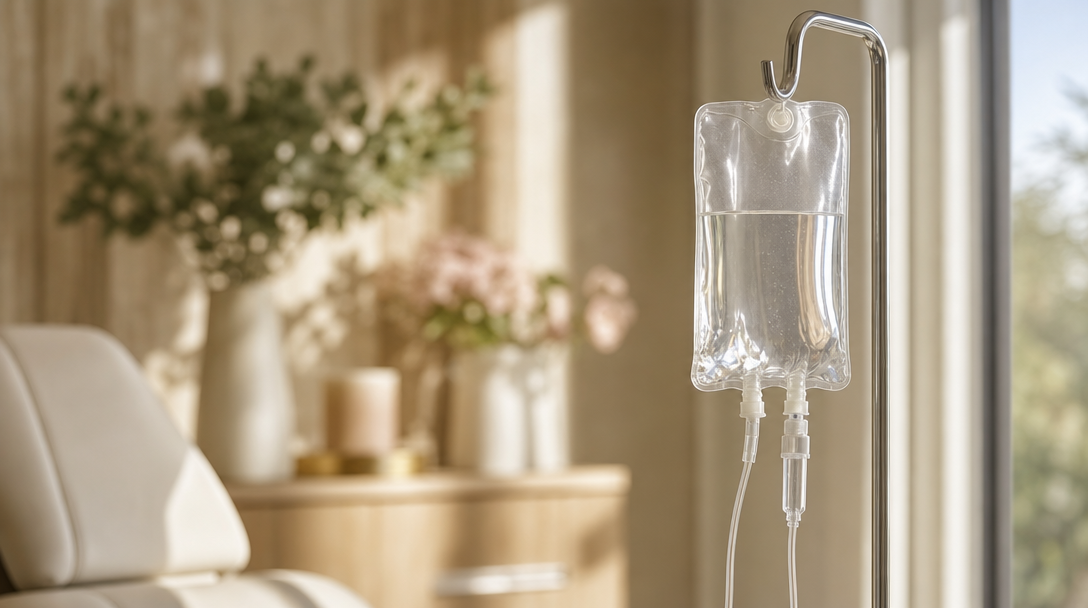 An IV drip bag of clear fluid on a stand by a window