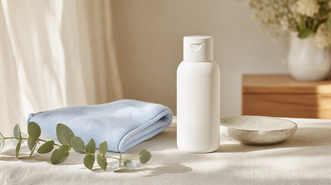 A calm editorial still life on cream linen: a soft cold compress, a bottle of SPF and a sprig of eucalyptus beside a small ceramic dish
