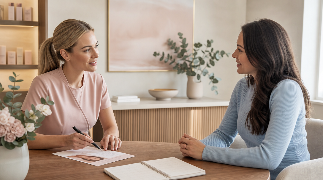 A CoLaz clinician talks a patient through laser hair removal timing around her menstrual cycle at a calm consultation desk