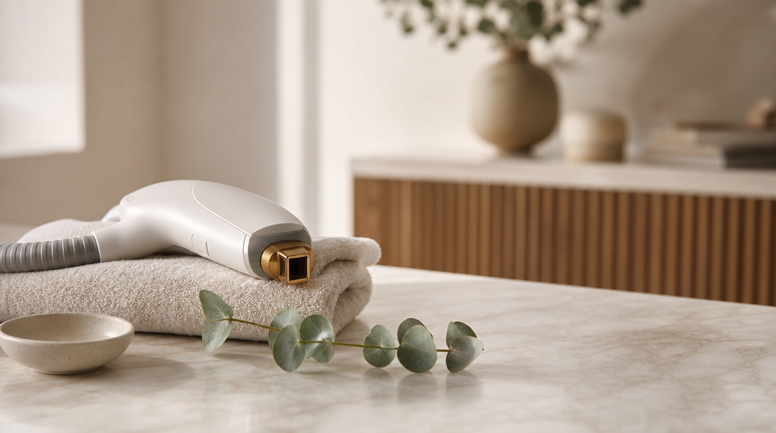 A neat still life on a cream surface with a laser handpiece, a folded soft towel and a sprig of eucalyptus in soft daylight