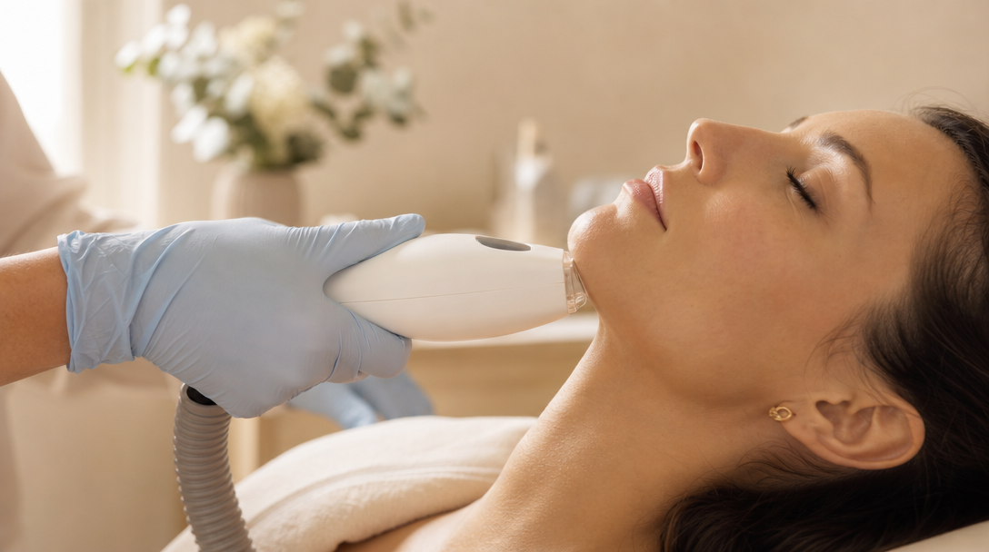 A laser hair removal session in progress at a CoLaz clinic, with a chilled handpiece guided across the jawline while the patient rests calmly