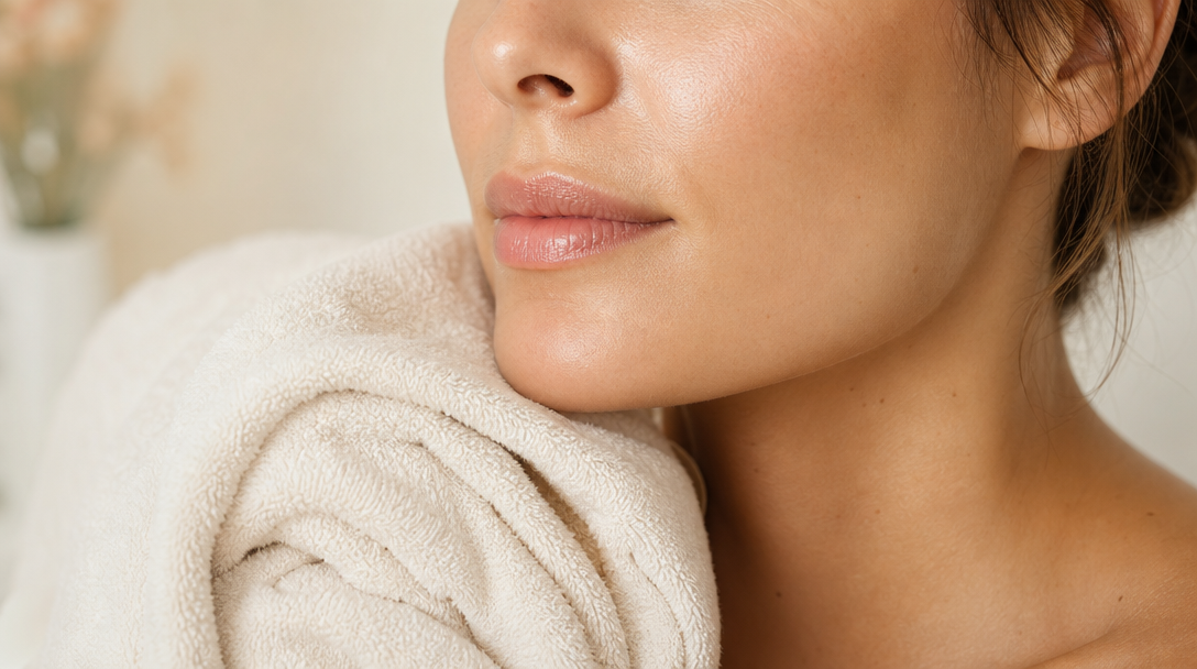 Close-up of smooth, evenly toned skin on the lower face and jawline after laser hair removal, in soft natural light