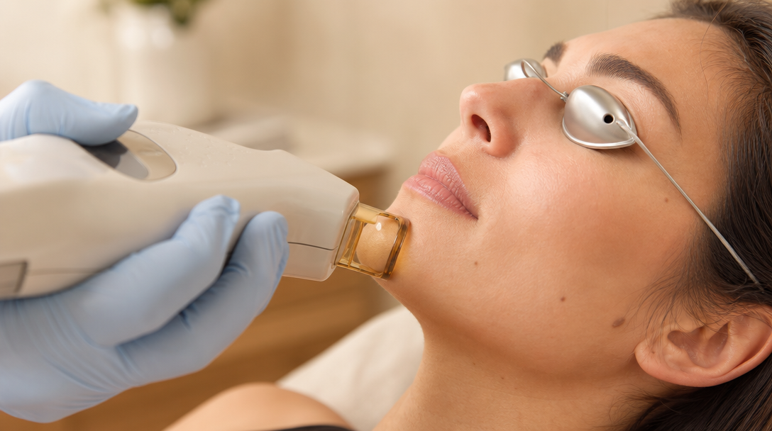 A CoLaz clinician guiding a laser handpiece along the jawline of a relaxed female patient during a facial session.