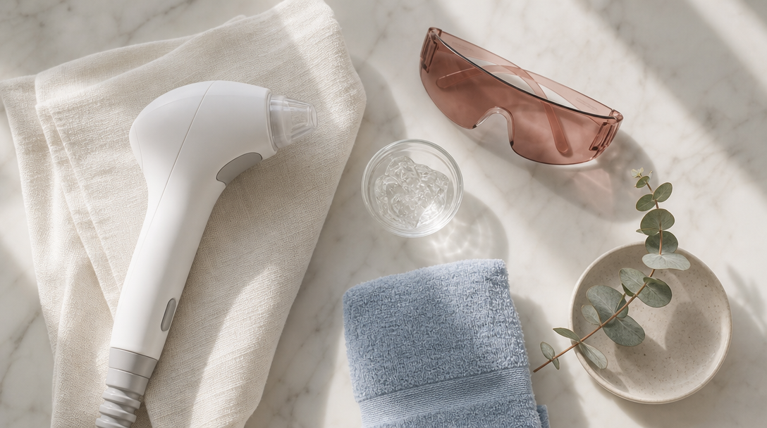 Laser handpiece, tinted protective goggles, a dish of ice and a folded blue towel laid out on cream linen before a session