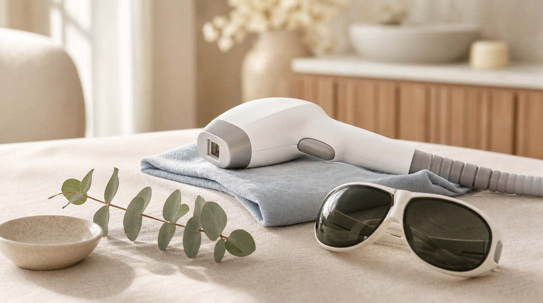 Editorial still life of a laser hair removal handpiece resting on cream linen with a sprig of eucalyptus