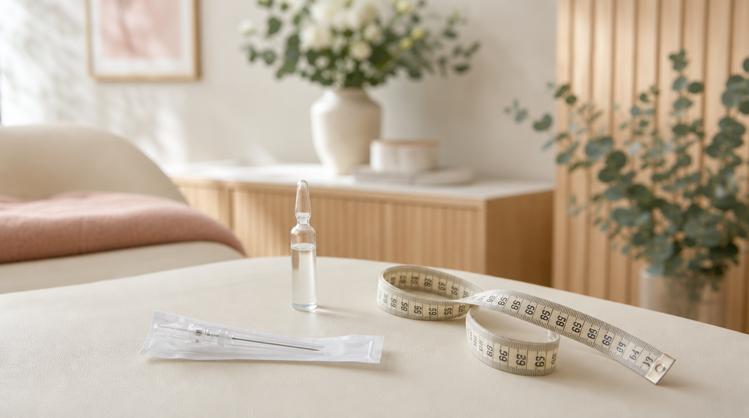 A fat-dissolving ampoule, fine needle and tape measure on a cream surface
