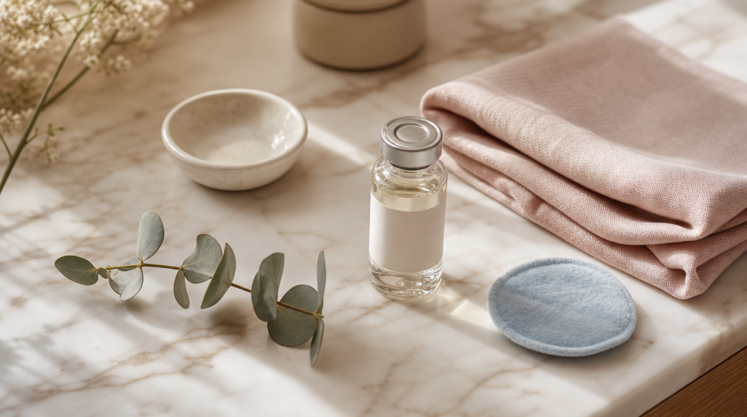 An unbranded glass vial, a folded blush cloth and a sprig of eucalyptus arranged on a cream marble surface in soft daylight