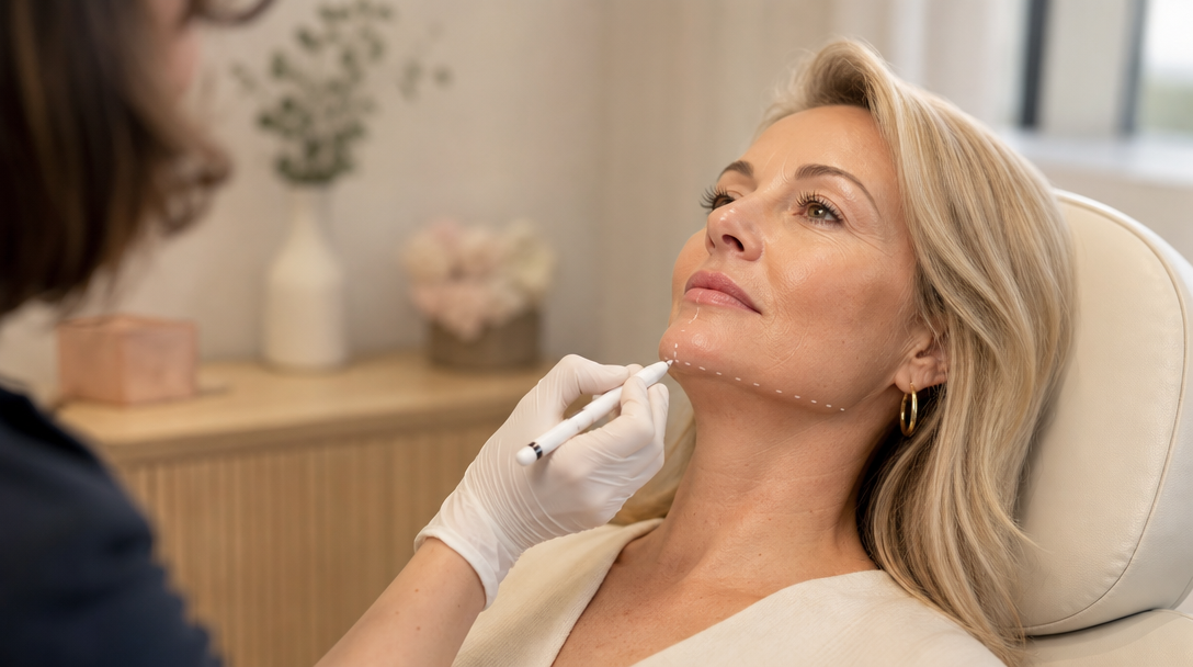 A clinician marking treatment points along a patient's jawline and chin