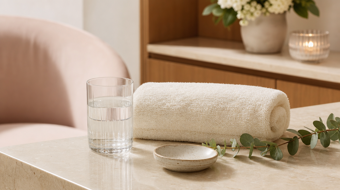 Editorial still life on a cream surface with a folded soft towel, a glass of water and a sprig of eucalyptus in warm daylight