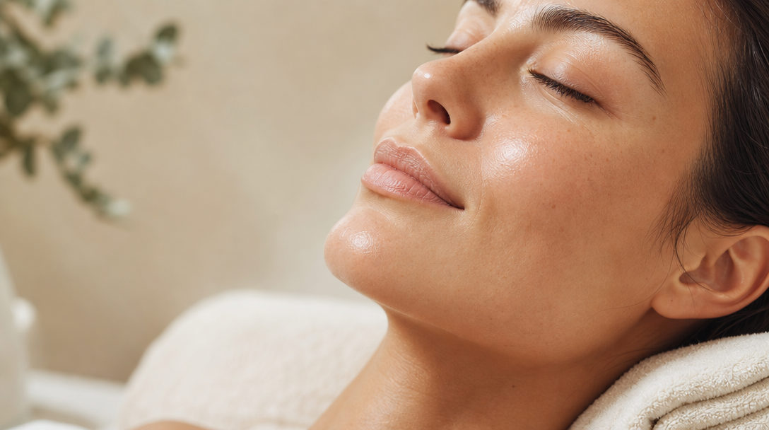 A close-up of calm, evenly toned skin resting on a soft cream towel after gentle exfoliation