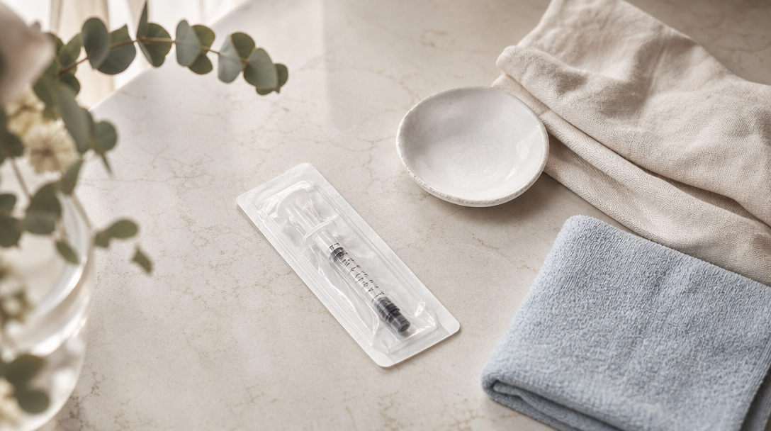 Editorial still life on cream marble of a sealed sterile syringe, a small ceramic dish, folded cream cloth and a sprig of eucalyptus