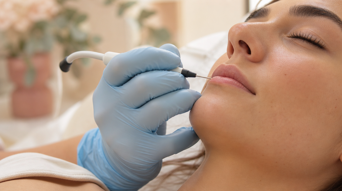 A close-up of an upper-lip electrolysis session, with a clinician guiding a fine probe against calm, relaxed skin