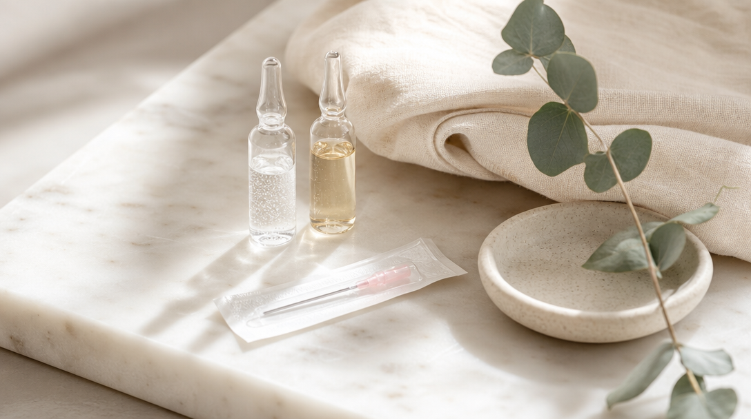 Two unbranded injectable skin-booster ampoules with a cannula and eucalyptus on a cream marble surface