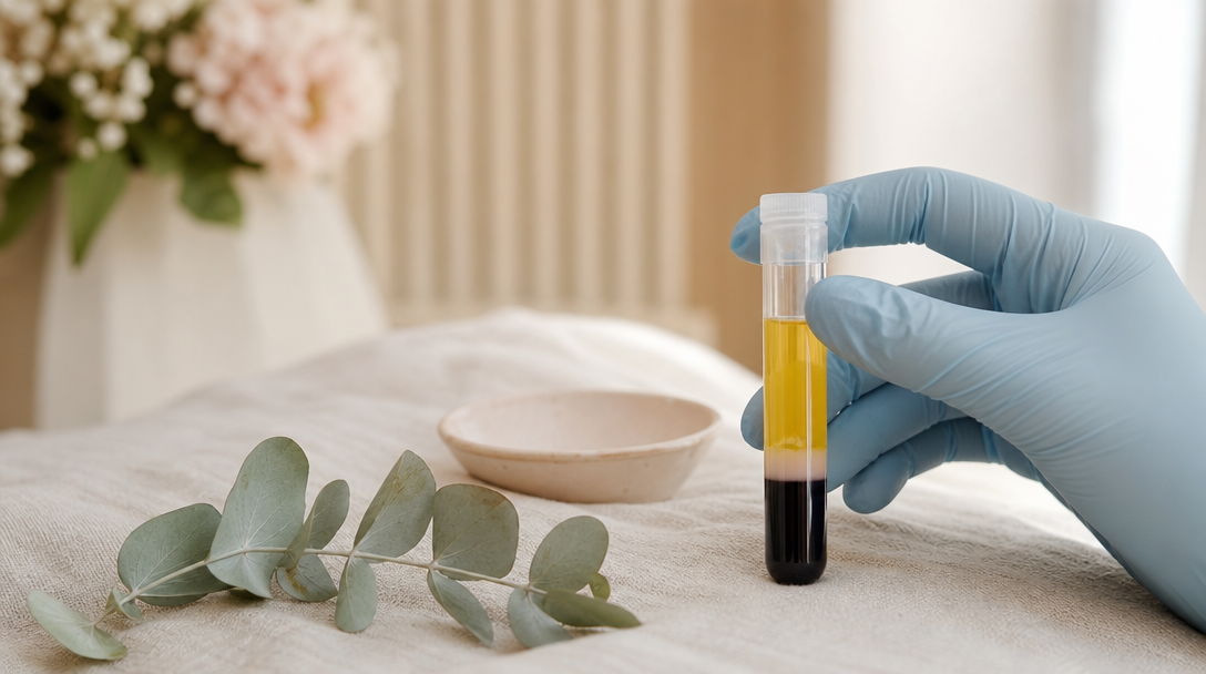 A close-up of a gloved clinician preparing a tube of separated platelet-rich plasma on a cream tray before a treatment