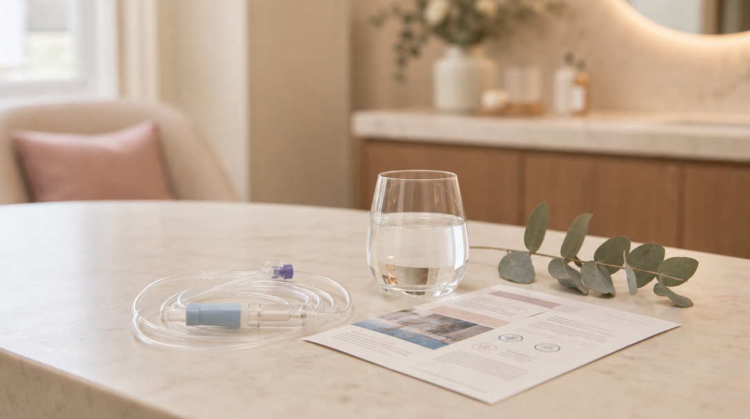 An IV line, glass of water and information leaflet conveying informed treatment