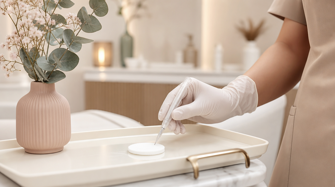 A fine single-use instrument on a clean tray for a minor skin-tag removal