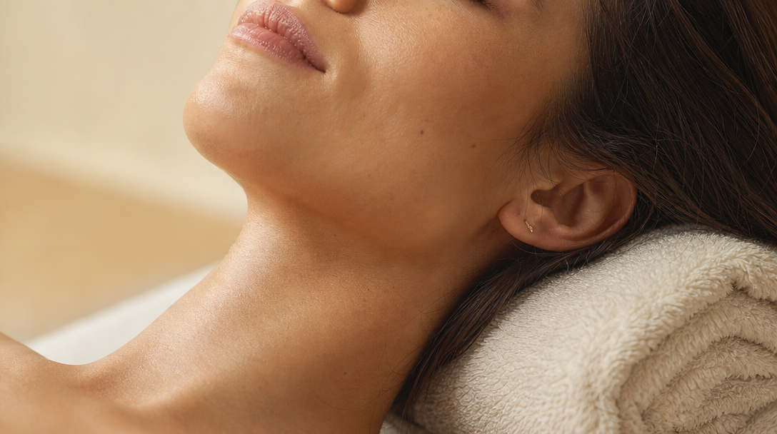 A close-up of healthy neck skin resting against a soft cream towel, calm and evenly toned