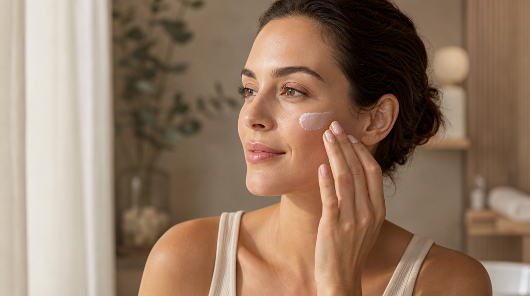 A woman applying SPF to even, glowing skin by a window