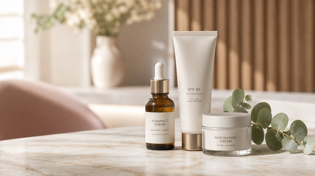 Vitamin C serum, SPF and niacinamide cream arranged for an even-tone routine