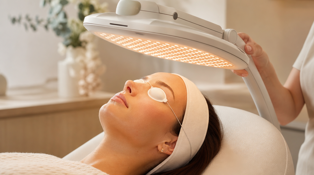 A gloved clinician positions an LED light therapy panel over a relaxed patient's face in a calm treatment room
