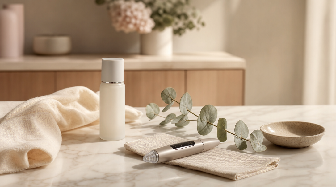 Editorial still life of an SPF bottle, a folded cream cloth and a sprig of eucalyptus on a cream marble surface, representing gentle post-treatment care