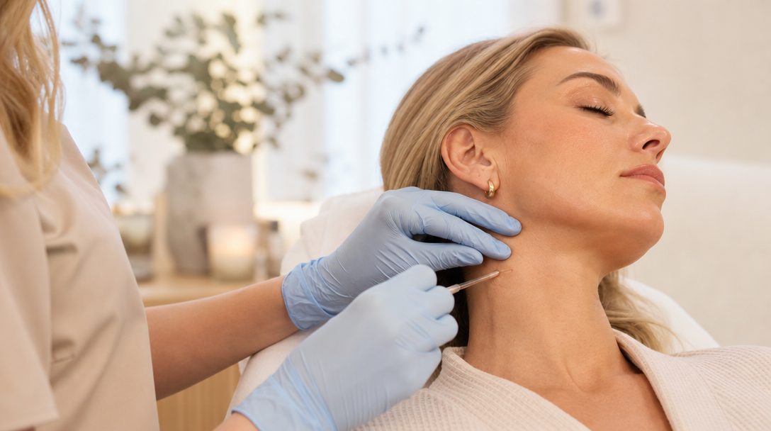 A CoLaz clinician performing a quick, precise skin tag removal on a patient's neck, with a single-use sterile instrument and good lighting