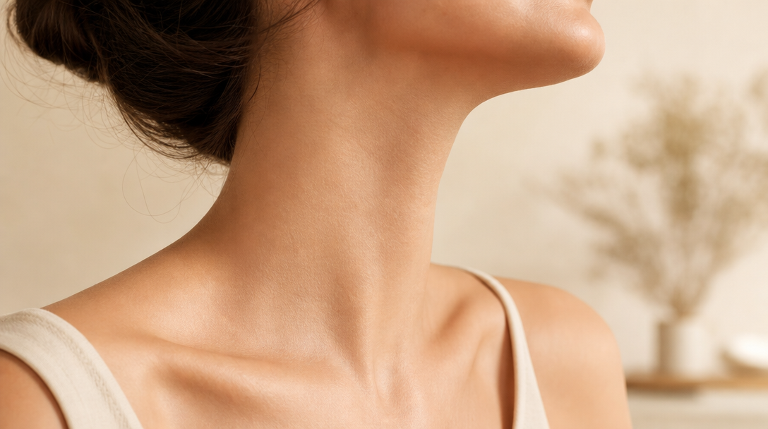 Soft editorial close-up of the side of a woman's neck and collarbone, one of the skin folds where skin tags commonly form