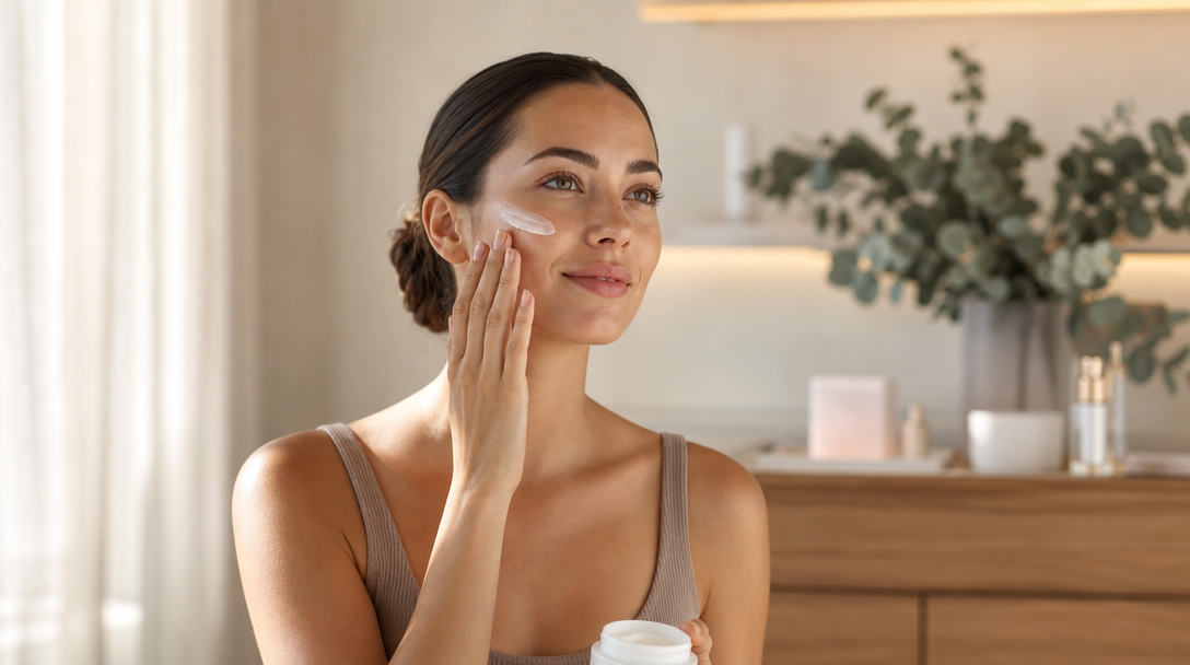 A young woman applying SPF to her face by a window