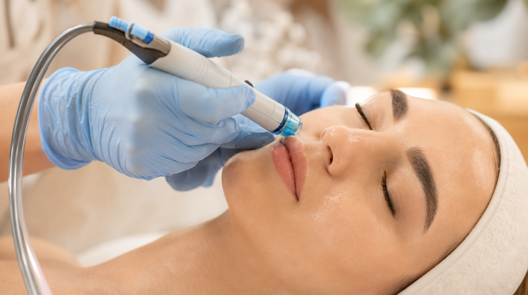 Close-up of a Hydrafacial handpiece moving across the side of a patient's nose, with a soft fluid sheen at the skin surface