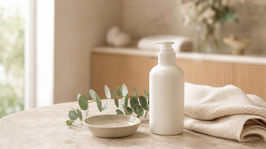 Editorial still life on a cream surface: a gentle cleanser bottle, a folded cream cloth and a sprig of eucalyptus in soft daylight