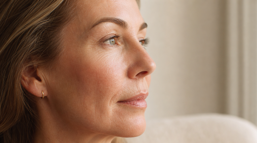 Close-up side profile of a woman's cheek and eye area showing healthy naturally textured skin with soft fine lines