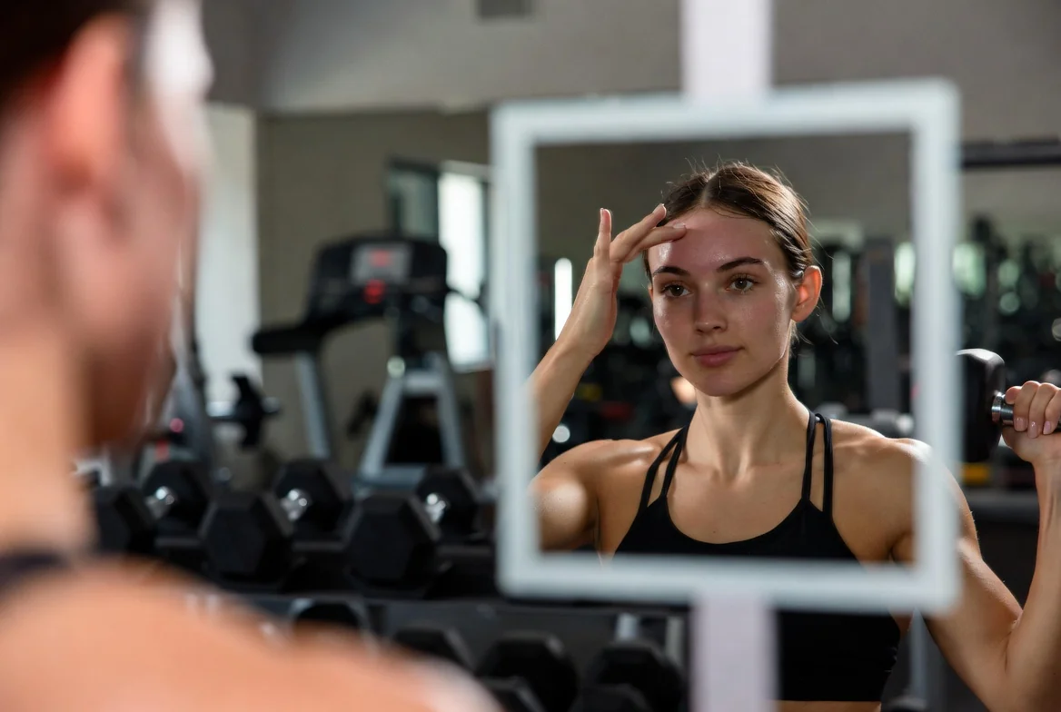 Patient at the gym checking her forehead in a mirror, illustrating when it is safe to resume workouts after an anti-wrinkle injection appointment at CoLaz