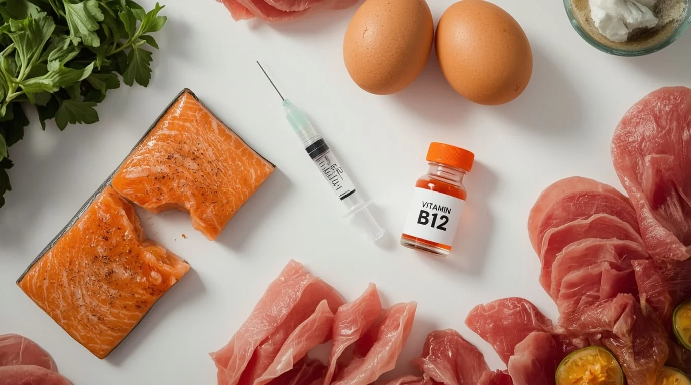 Flatlay of a Vitamin B12 vial and syringe surrounded by B12-rich foods including salmon, eggs and meat, illustrating dietary sources alongside the injection route used at CoLaz