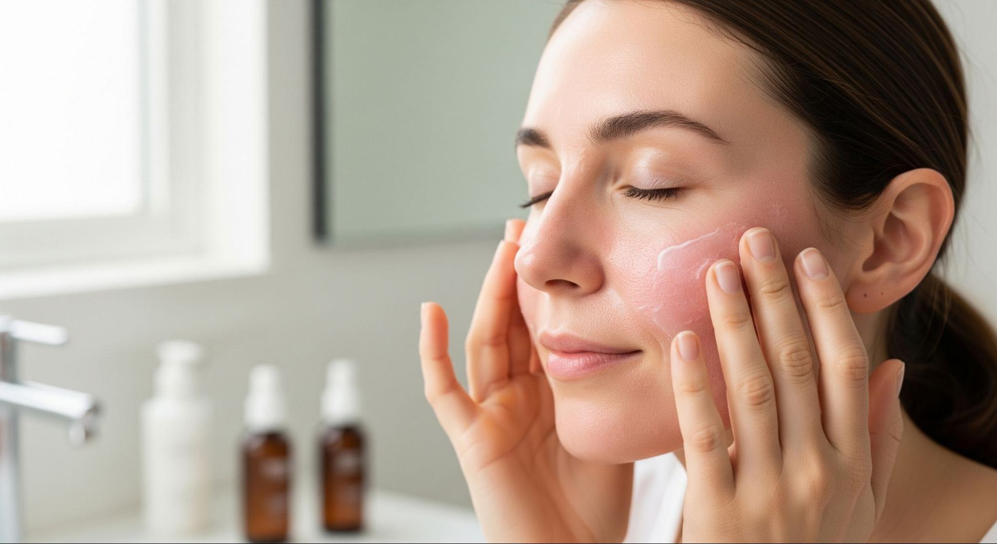 Patient applying gentle post-peel skincare in front of barrier-repair serums