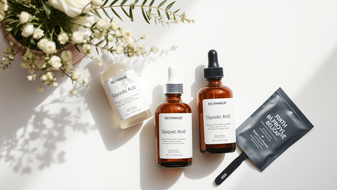 Glycolic acid peel range used at coLaz, flatlay with editorial styling