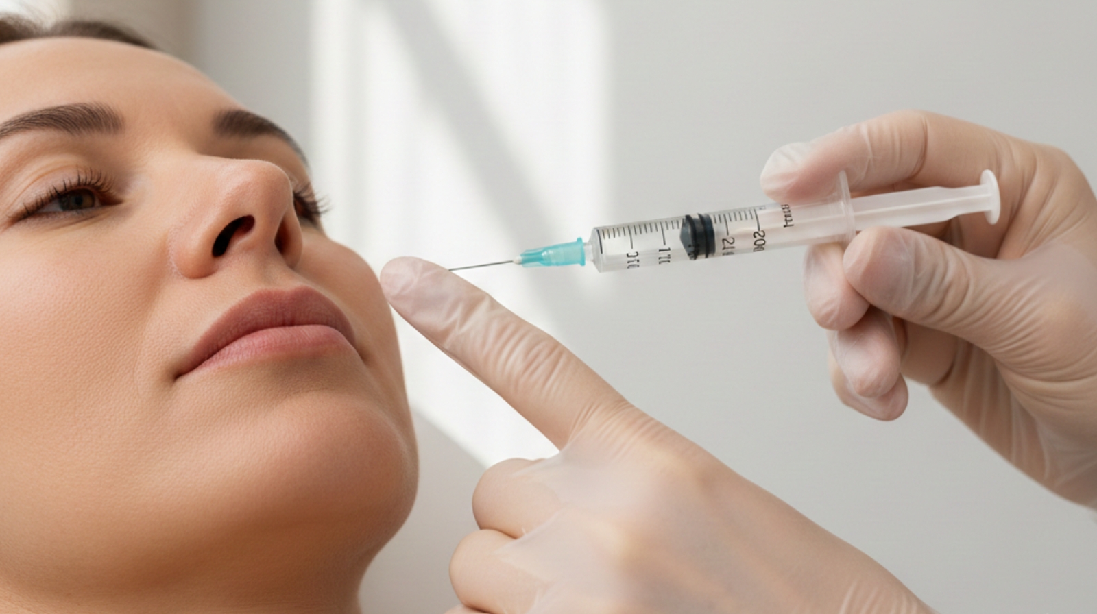 Editorial close-up of a hyaluronic acid dermal filler syringe near a calm patient's face