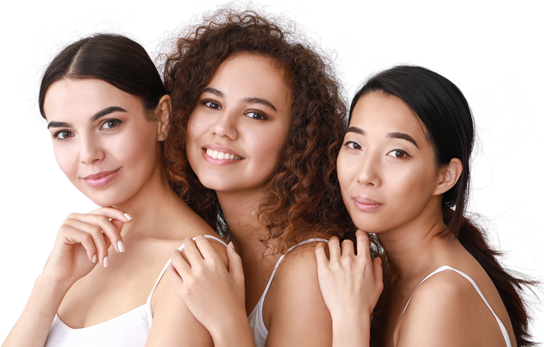 Three diverse smiling patients with clear, glowing skin after a coLaz Hydrafacial